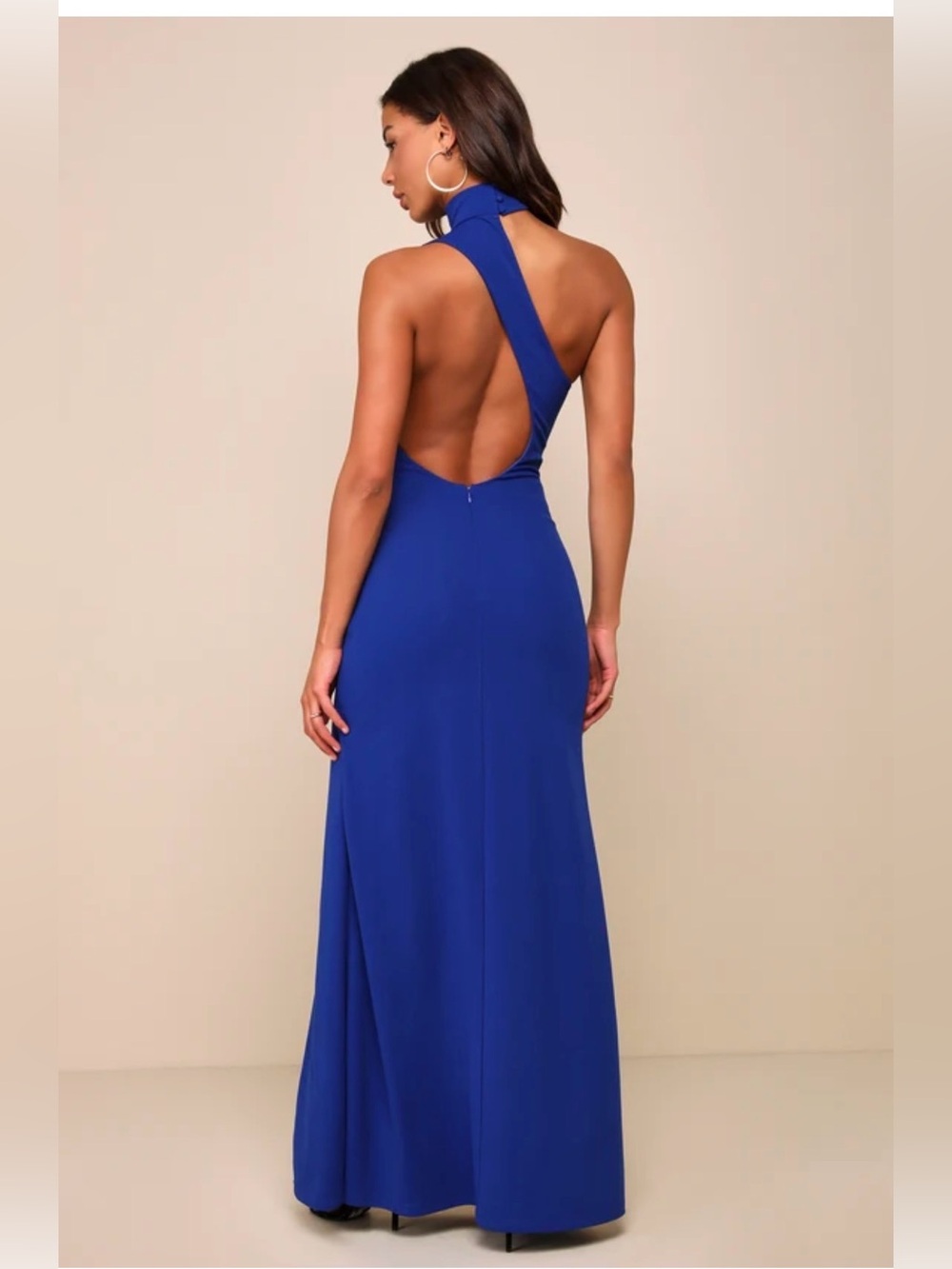 Lulu's Cobalt Blue Backless Halter Gown